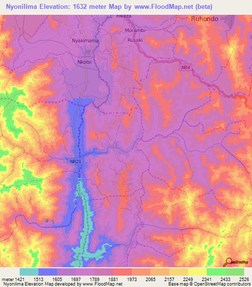 Nyonilima,Rwanda Elevation Map