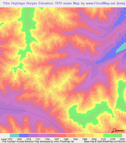 Yihe Hujirtayn Huryee,Mongolia Elevation Map