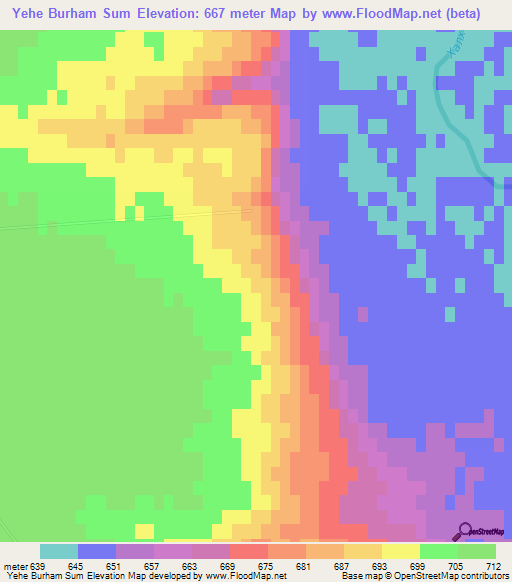 Yehe Burham Sum,Mongolia Elevation Map