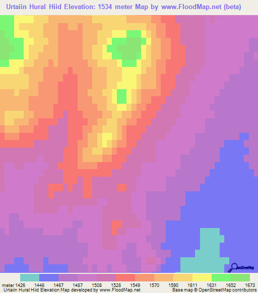 Urtaiin Hural Hiid,Mongolia Elevation Map