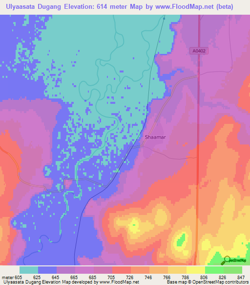 Ulyaasata Dugang,Mongolia Elevation Map