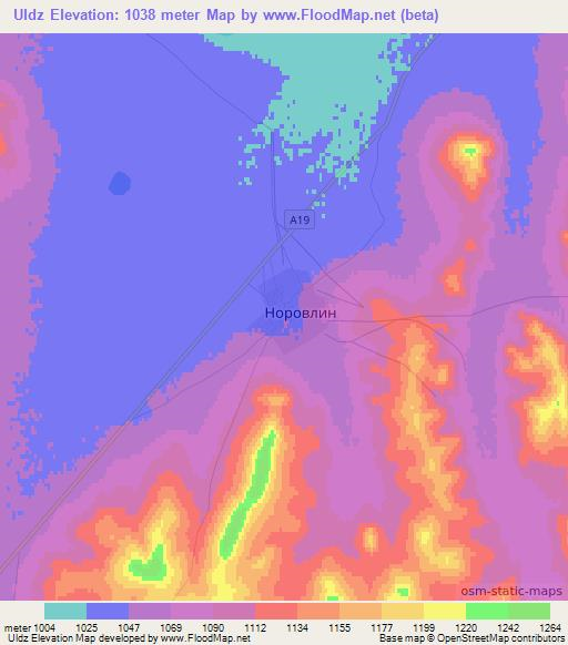 Uldz,Mongolia Elevation Map