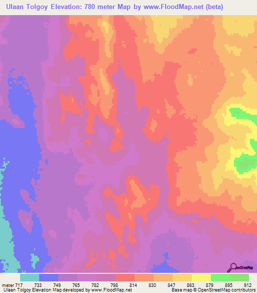 Ulaan Tolgoy,Mongolia Elevation Map