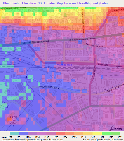 Ulaanbaatar,Mongolia Elevation Map