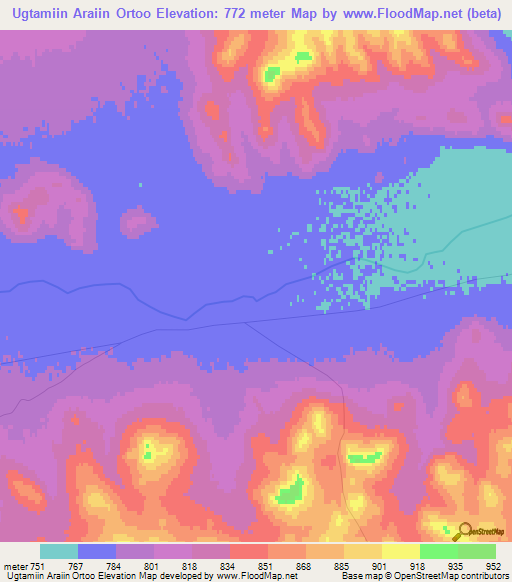 Ugtamiin Araiin Ortoo,Mongolia Elevation Map