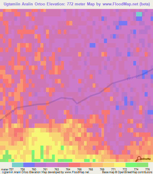 Ugtamiin Araiin Ortoo,Mongolia Elevation Map
