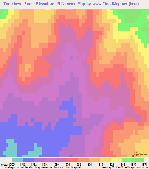Tumelteyn Sume,Mongolia Elevation Map