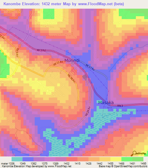 Kanombe,Rwanda Elevation Map