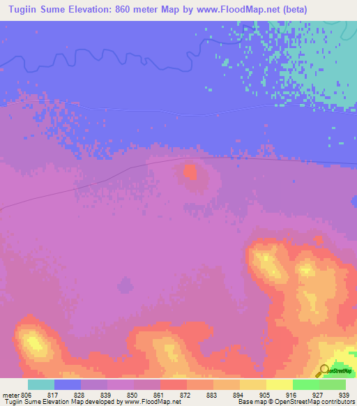 Tugiin Sume,Mongolia Elevation Map