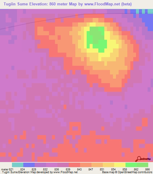 Tugiin Sume,Mongolia Elevation Map
