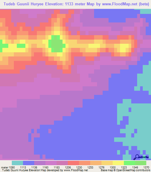 Tudeb Guunii Huryee,Mongolia Elevation Map