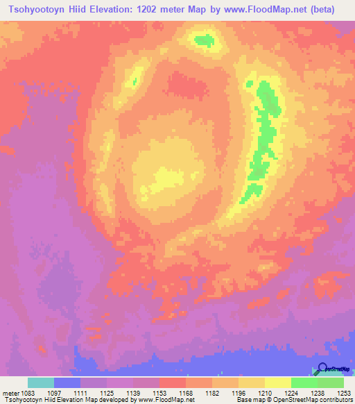 Tsohyootoyn Hiid,Mongolia Elevation Map