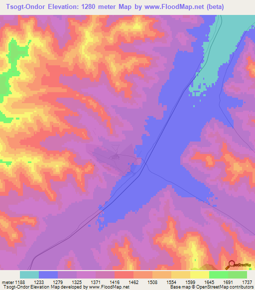 Tsogt-Ondor,Mongolia Elevation Map