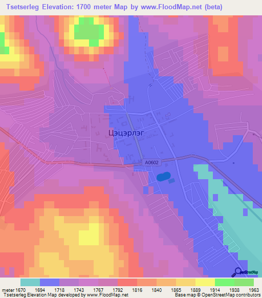Tsetserleg,Mongolia Elevation Map
