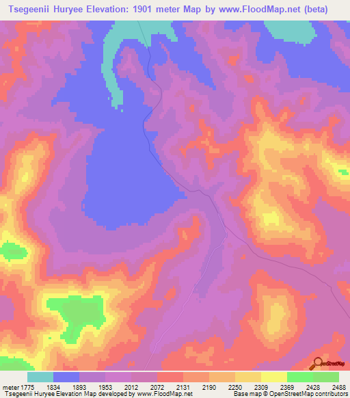 Tsegeenii Huryee,Mongolia Elevation Map