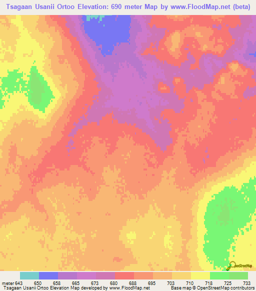 Tsagaan Usanii Ortoo,Mongolia Elevation Map