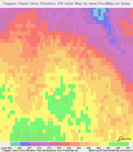 Tsagaan Usanii Ortoo,Mongolia Elevation Map