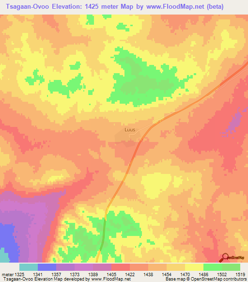 Tsagaan-Ovoo,Mongolia Elevation Map