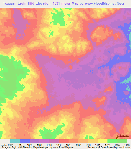 Tsagaan Ergin Hiid,Mongolia Elevation Map