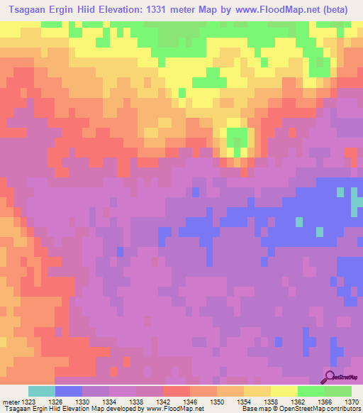 Tsagaan Ergin Hiid,Mongolia Elevation Map