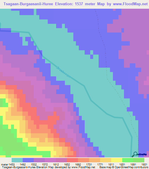 Tsagaan-Burgaasanii-Huree,Mongolia Elevation Map