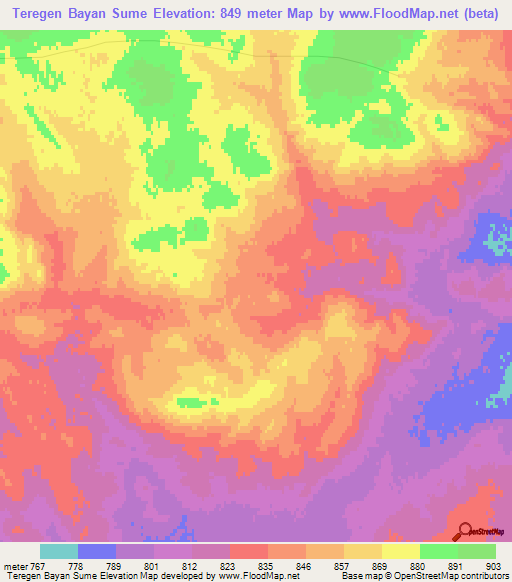 Teregen Bayan Sume,Mongolia Elevation Map