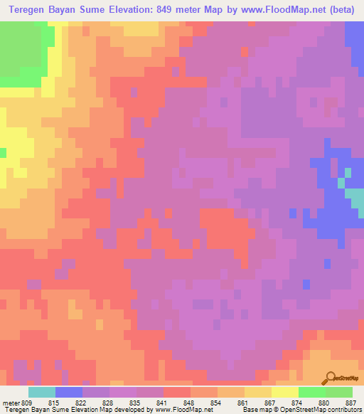Teregen Bayan Sume,Mongolia Elevation Map