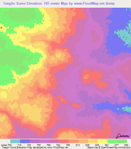 Teegiin Sume,Mongolia Elevation Map
