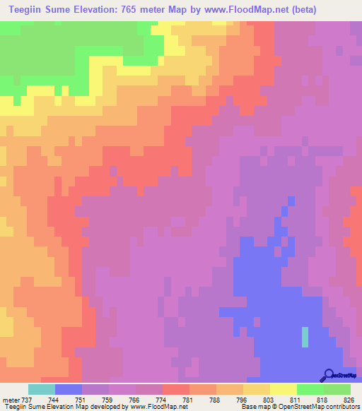 Teegiin Sume,Mongolia Elevation Map
