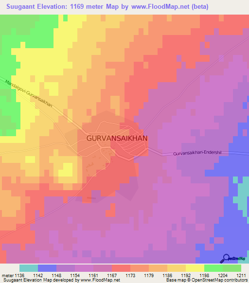 Suugaant,Mongolia Elevation Map