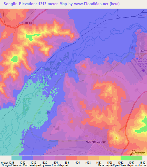 Songiin,Mongolia Elevation Map
