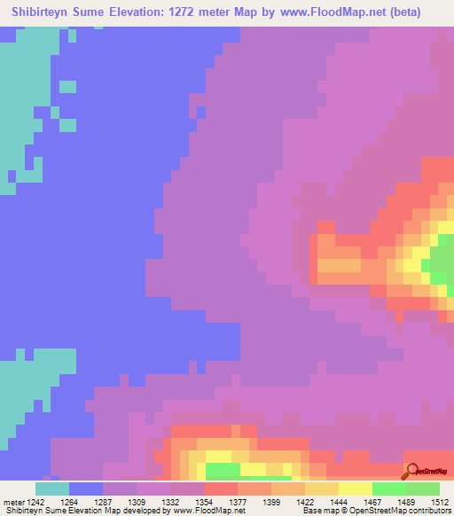 Shibirteyn Sume,Mongolia Elevation Map