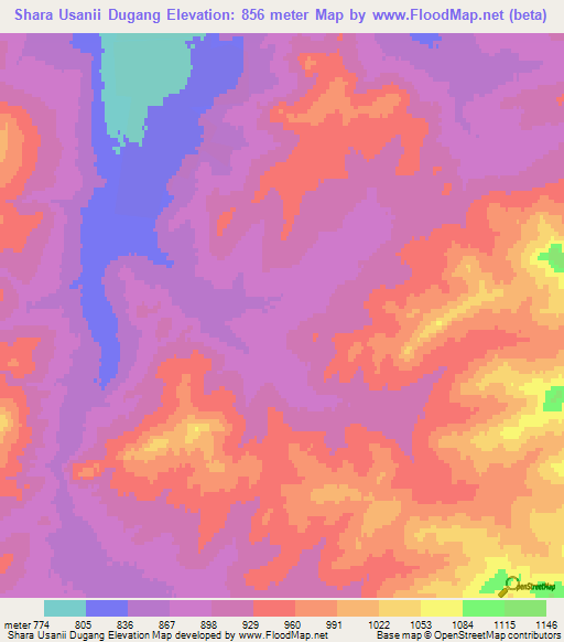 Shara Usanii Dugang,Mongolia Elevation Map