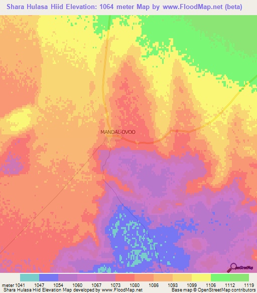 Shara Hulasa Hiid,Mongolia Elevation Map