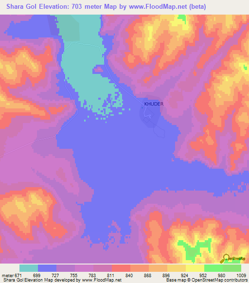 Shara Gol,Mongolia Elevation Map