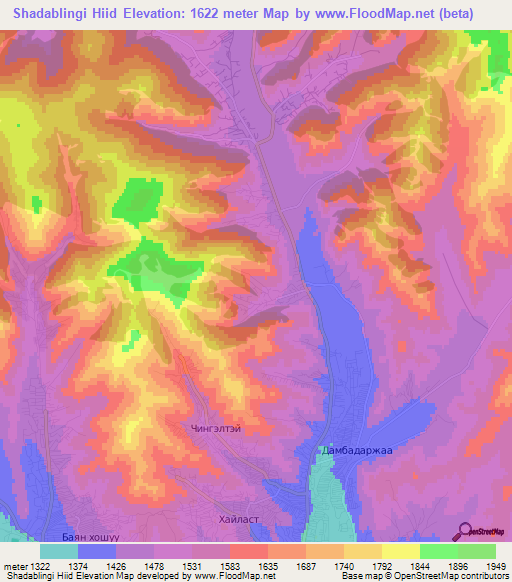 Shadablingi Hiid,Mongolia Elevation Map