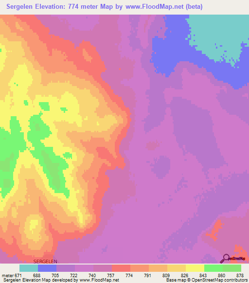 Sergelen,Mongolia Elevation Map