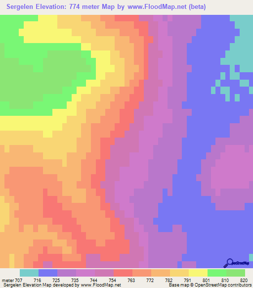 Sergelen,Mongolia Elevation Map