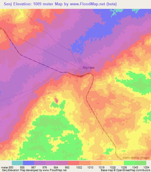 Senj,Mongolia Elevation Map