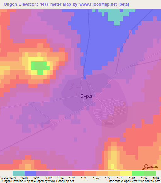 Ongon,Mongolia Elevation Map