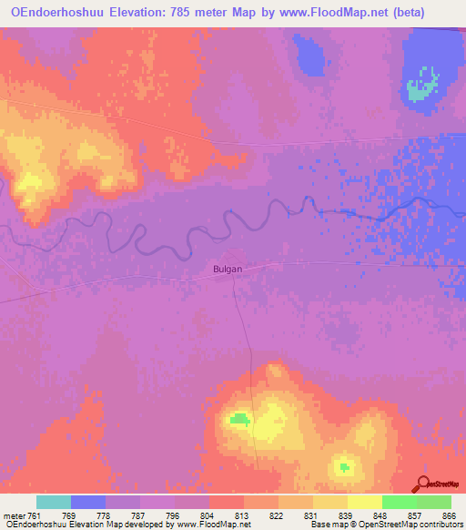 OEndoerhoshuu,Mongolia Elevation Map