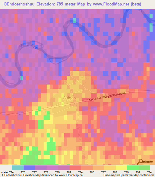 OEndoerhoshuu,Mongolia Elevation Map