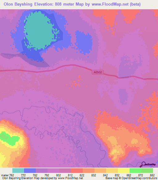 Olon Bayshing,Mongolia Elevation Map