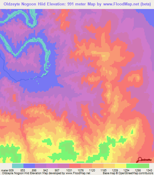 Oldzeyte Nogoon Hiid,Mongolia Elevation Map