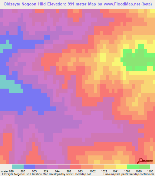 Oldzeyte Nogoon Hiid,Mongolia Elevation Map