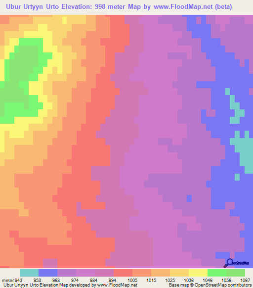 Ubur Urtyyn Urto,Mongolia Elevation Map