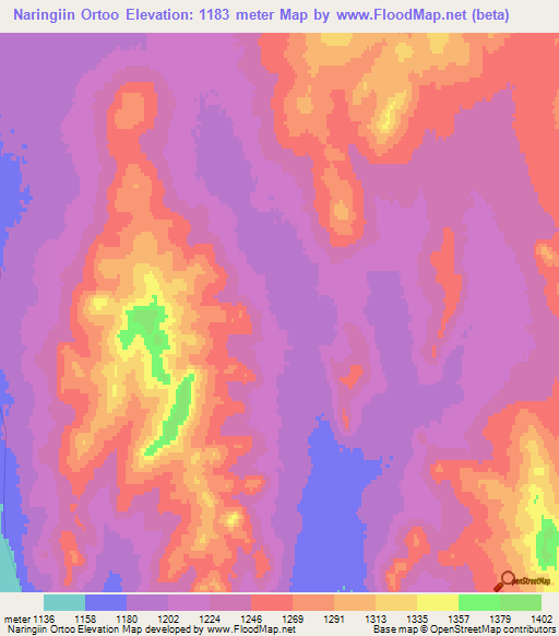 Naringiin Ortoo,Mongolia Elevation Map