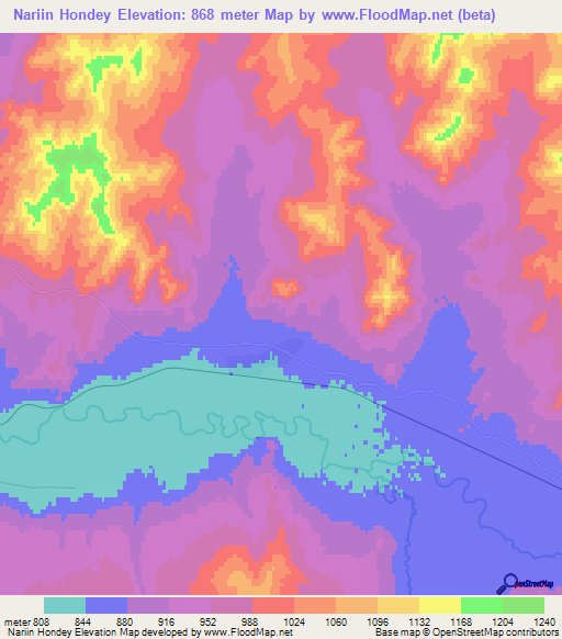 Nariin Hondey,Mongolia Elevation Map