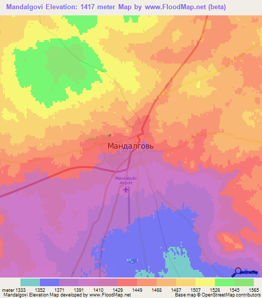 Mandalgovi,Mongolia Elevation Map