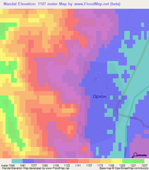 Mandal,Mongolia Elevation Map